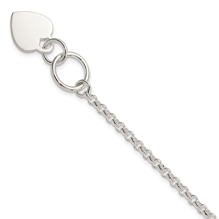 925 Sterling Silver Engraveable Heart Single Link Chain Charm Bracelet