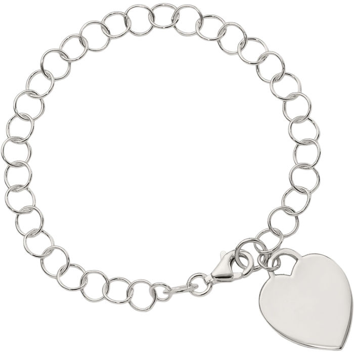 925 Sterling Silver Engraveable Heart Single Link Chain Charm Bracelet