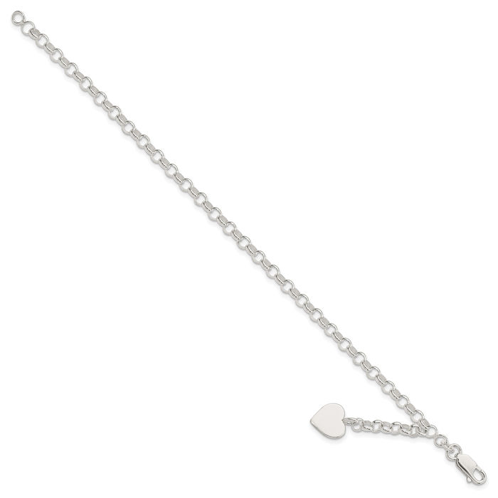 925 Sterling Silver Engraveable Heart Charm Cable Bracelet