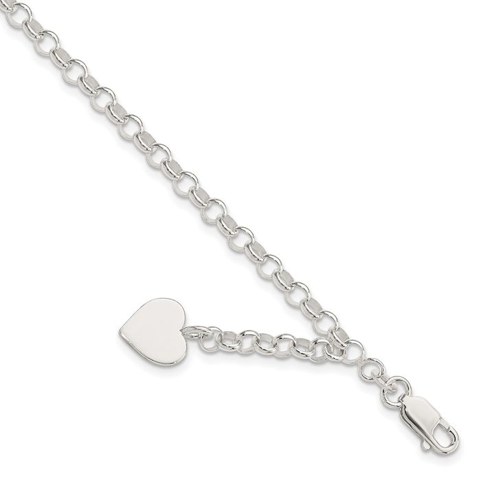 925 Sterling Silver Engraveable Heart Charm Cable Bracelet