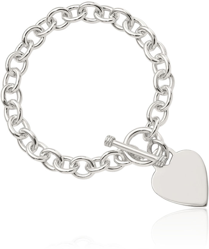 925 Sterling Silver Engraveable Heart Disc Single Link Chain Charm Bracelet Toggle Clasp