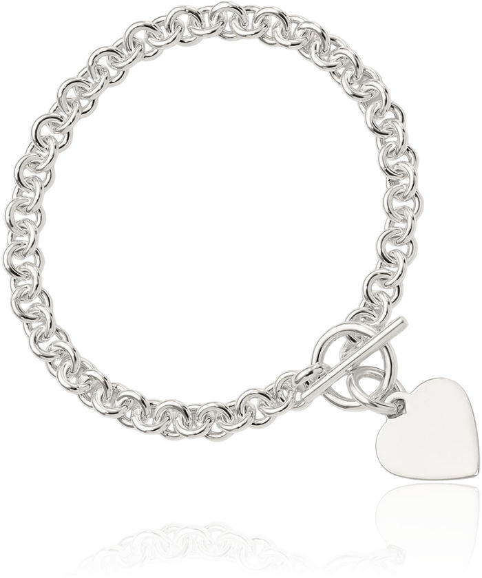 925 Sterling Silver Engraveable Heart Disc Single Link Chain Charm Bracelet Toggle Clasp