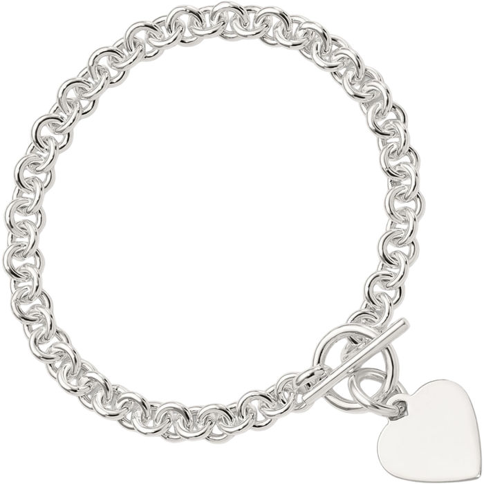 925 Sterling Silver Engraveable Heart Disc Single Link Chain Charm Bracelet Toggle Clasp