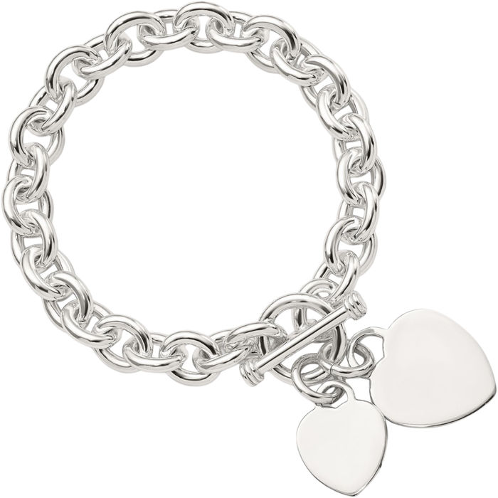 925 Sterling Silver Engraveable Heart Disc Link Chain Charm Bracelet Toggle Clasp