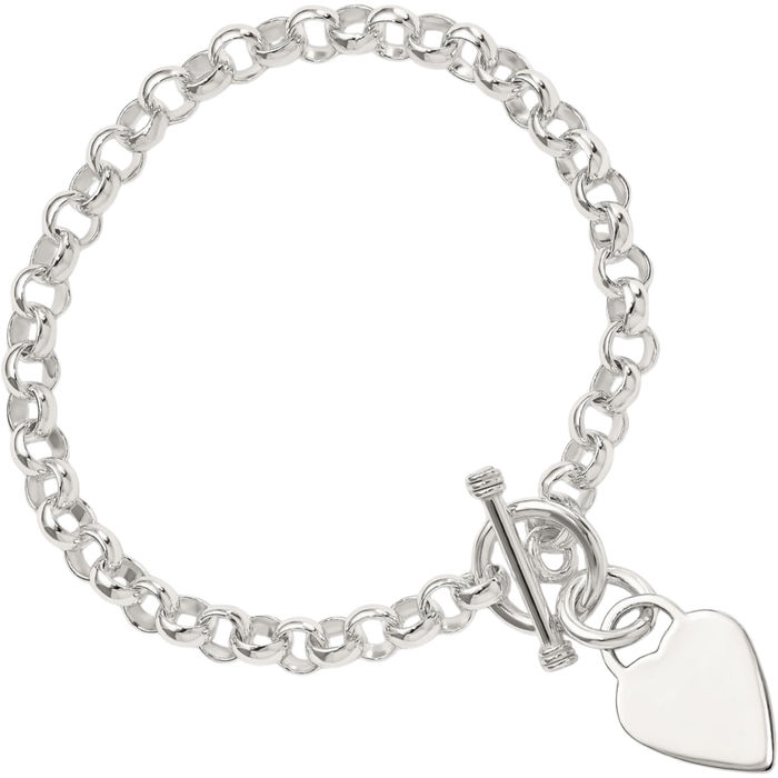 925 Sterling Silver Engraveable Heart Disc Link Chain Charm Bracelet Toggle Clasp