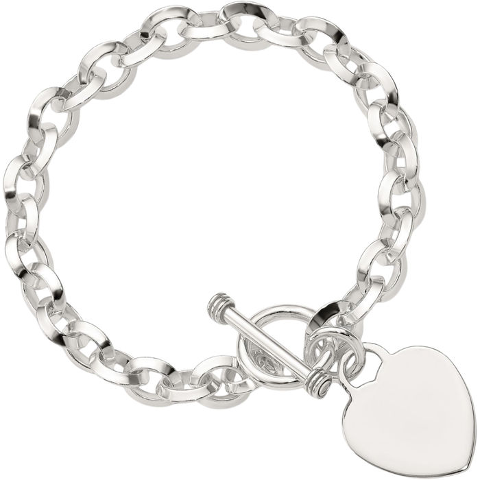 925 Sterling Silver Engraveable Heart Disc Link Chain Charm Bracelet Toggle Clasp