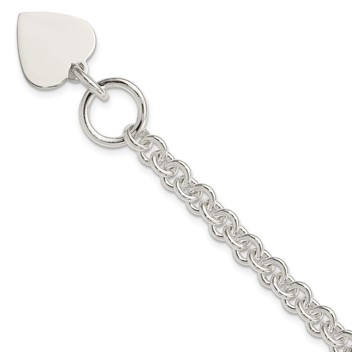 925 Sterling Silver Engraveable Heart Disc Single Link Chain Charm Bracelet Toggle Clasp