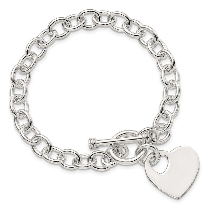 925 Sterling Silver Engraveable Heart Disc Link Chain Charm Bracelet Toggle Clasp