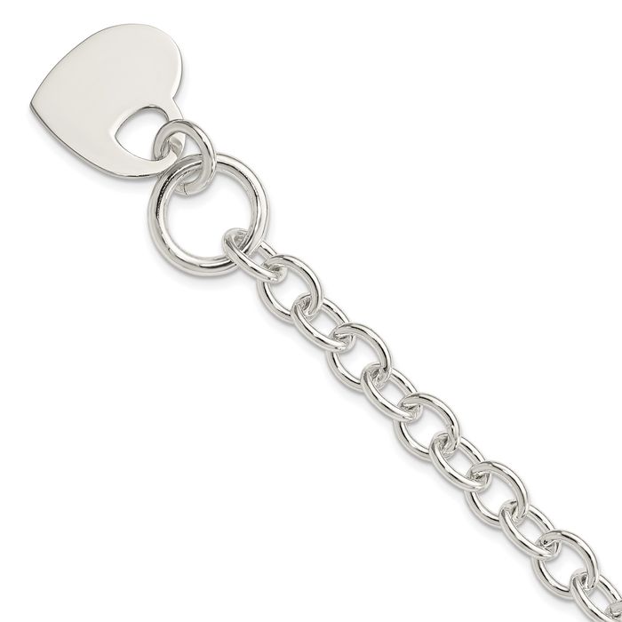 925 Sterling Silver Engraveable Heart Disc Link Chain Charm Bracelet Toggle Clasp