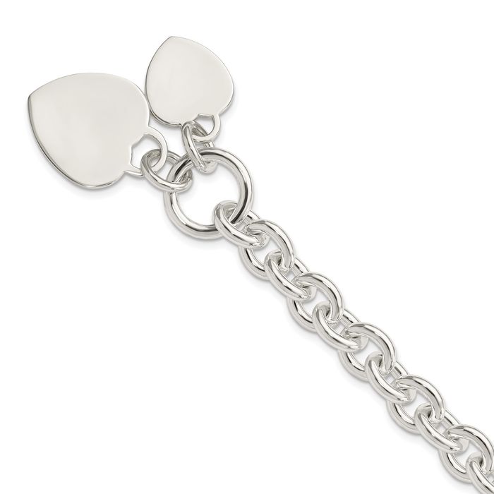 925 Sterling Silver Engraveable Heart Disc Link Chain Charm Bracelet Toggle Clasp