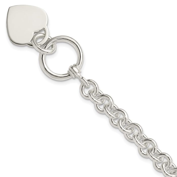 925 Sterling Silver Engraveable Heart Disc Single Link Chain Charm Bracelet Toggle Clasp