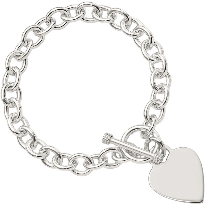 925 Sterling Silver Engraveable Heart Disc Single Link Chain Charm Bracelet Toggle Clasp