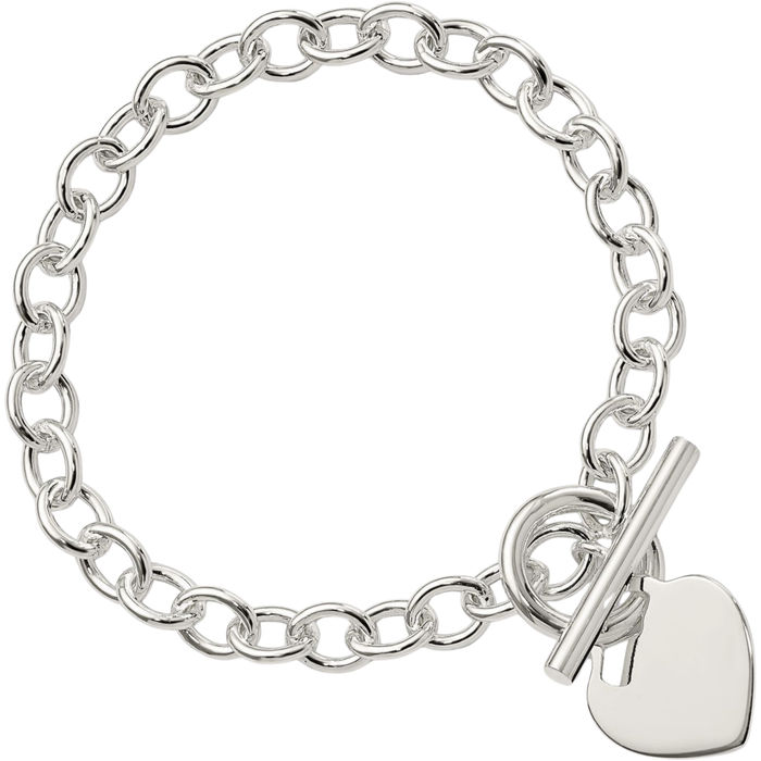 925 Sterling Silver Engraveable Heart Disc Single Link Chain Charm Bracelet Toggle Clasp