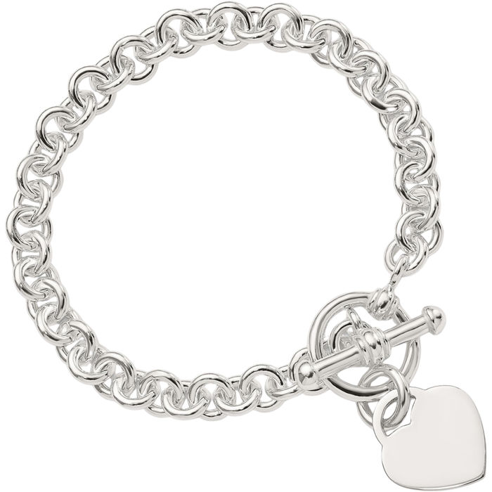 925 Sterling Silver Engraveable Heart Disc Single Link Chain Charm Bracelet Toggle Clasp