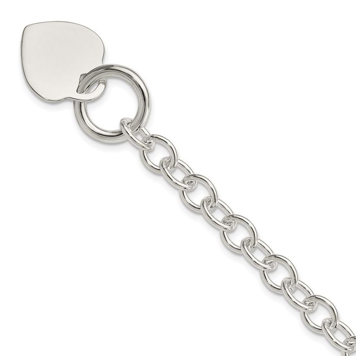 925 Sterling Silver Engraveable Heart Disc Single Link Chain Charm Bracelet Toggle Clasp