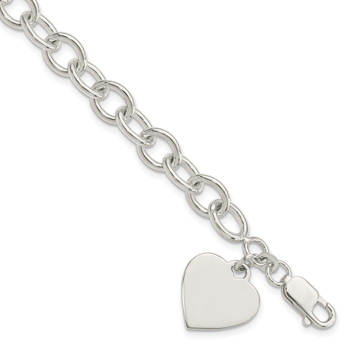 925 Sterling Silver Engraveable Heart Single Link Chain Charm Bracelet