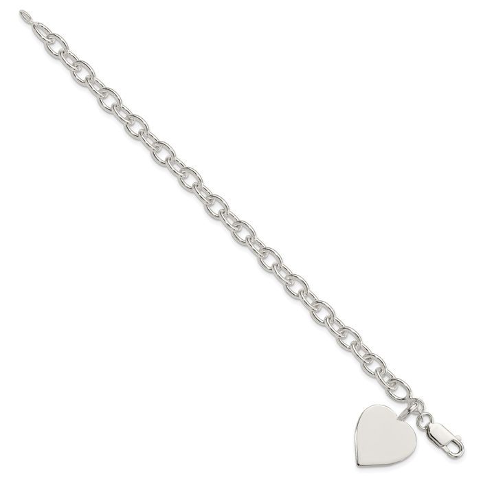 925 Sterling Silver Engraveable Heart Single Link Chain Charm Bracelet