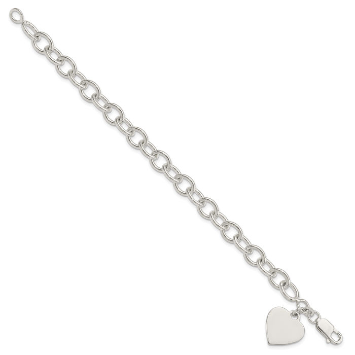 925 Sterling Silver Engraveable Heart Single Link Chain Charm Bracelet