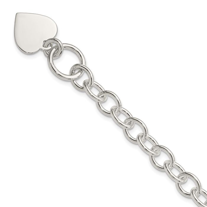 925 Sterling Silver Engraveable Heart Single Link Chain Charm Bracelet