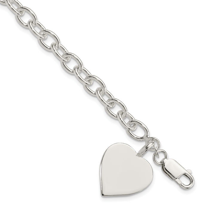 925 Sterling Silver Engraveable Heart Single Link Chain Charm Bracelet