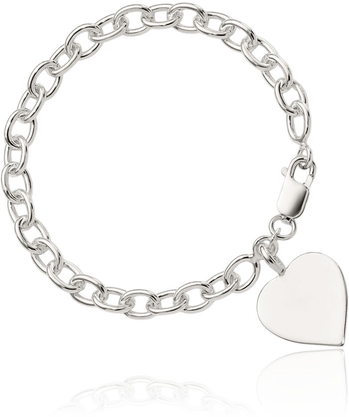 925 Sterling Silver Engraveable Heart Single Link Chain Charm Bracelet