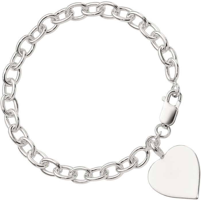 925 Sterling Silver Engraveable Heart Single Link Chain Charm Bracelet