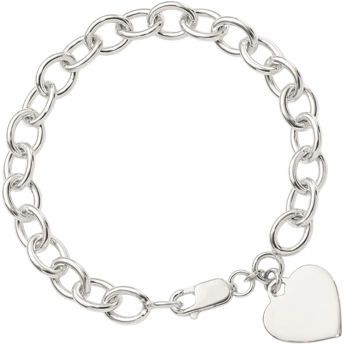 925 Sterling Silver Engraveable Heart Single Link Chain Charm Bracelet