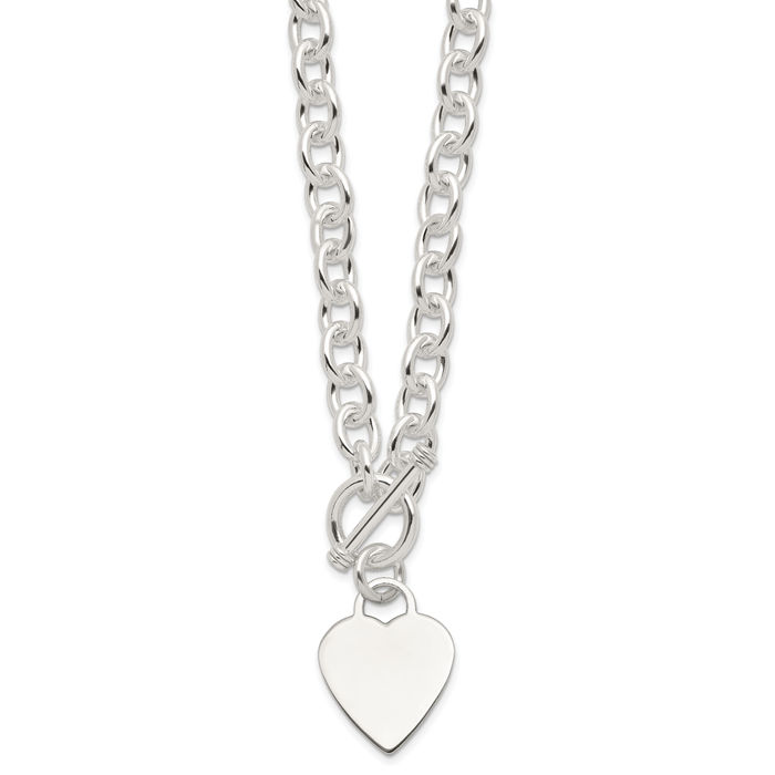 925 Sterling Silver Engraveable Heart Link Chain Necklace Toggle Clasp