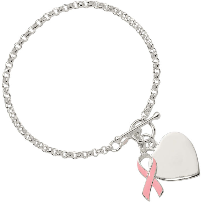 925 Sterling Silver Engraveable Heart Pink Breast Cancer Awareness Ribbon Single Link Chain Charm Bracelet