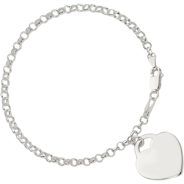 925 Sterling Silver Engraveable Heart Single Link Chain Charm Bracelet