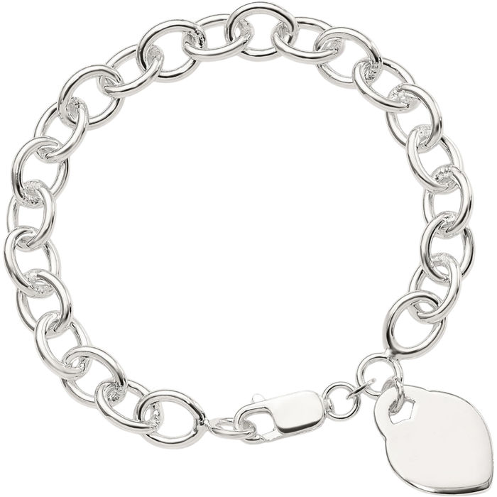 925 Sterling Silver Engraveable Heart Single Link Chain Charm Bracelet