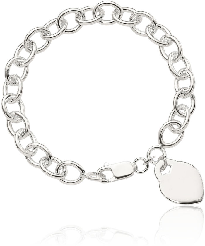 925 Sterling Silver Engraveable Heart Single Link Chain Charm Bracelet