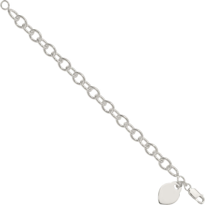 925 Sterling Silver Engraveable Heart Single Link Chain Charm Bracelet