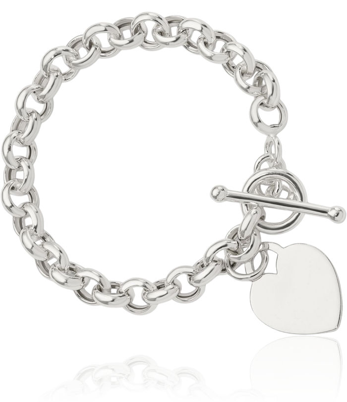 925 Sterling Silver Engraveable Heart Single Link Chain Charm Bracelet Toggle Clasp