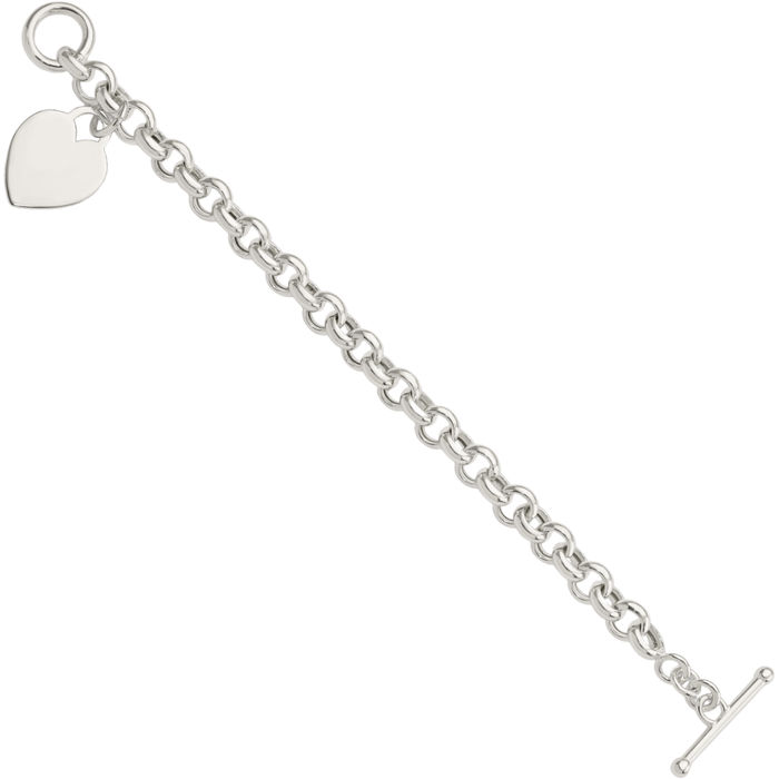 925 Sterling Silver Engraveable Heart Single Link Chain Charm Bracelet Toggle Clasp