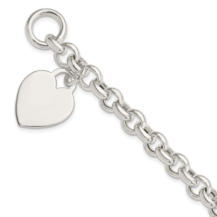 925 Sterling Silver Engraveable Heart Single Link Chain Charm Bracelet Toggle Clasp