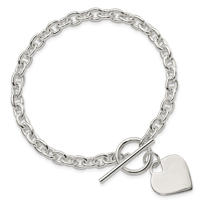 925 Sterling Silver Engraveable Heart Single Link Chain Charm Bracelet Toggle Clasp