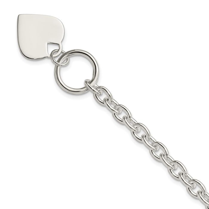 925 Sterling Silver Engraveable Heart Single Link Chain Charm Bracelet Toggle Clasp