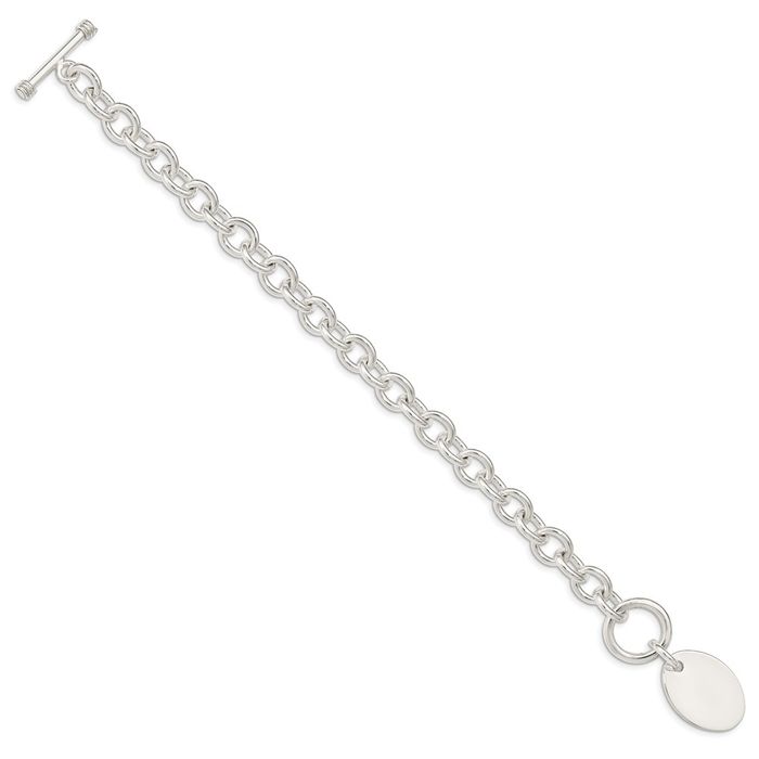 925 Sterling Silver Engraveable Oval Disc Link Chain Bracelet