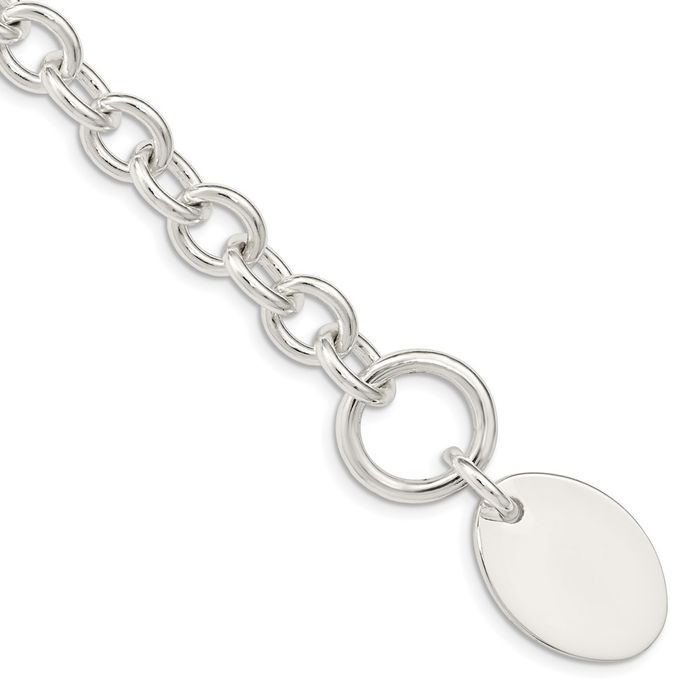 925 Sterling Silver Engraveable Oval Disc Link Chain Bracelet