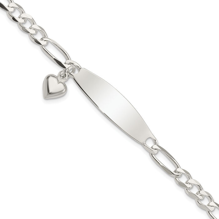 925 Sterling Silver Figaro Link ID Heart Dangling Charm Bracelet - Picture 8 of 17