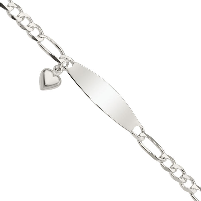 925 Sterling Silver Figaro Link ID Heart Dangling Chain Charm Bracelet