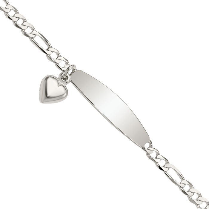 925 Sterling Silver Figaro Link ID Heart Dangling Chain Bracelet