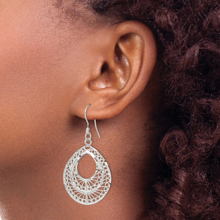 925 Sterling Silver Antique Filigree Teardrop Drop Dangle Earrings
