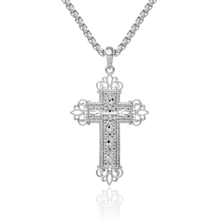 925 Sterling Silver Antique Filigree French Fleur De Lis Lily Flower Holy Cross Necklace Religious Chain Pendant Jesus Christ Charm