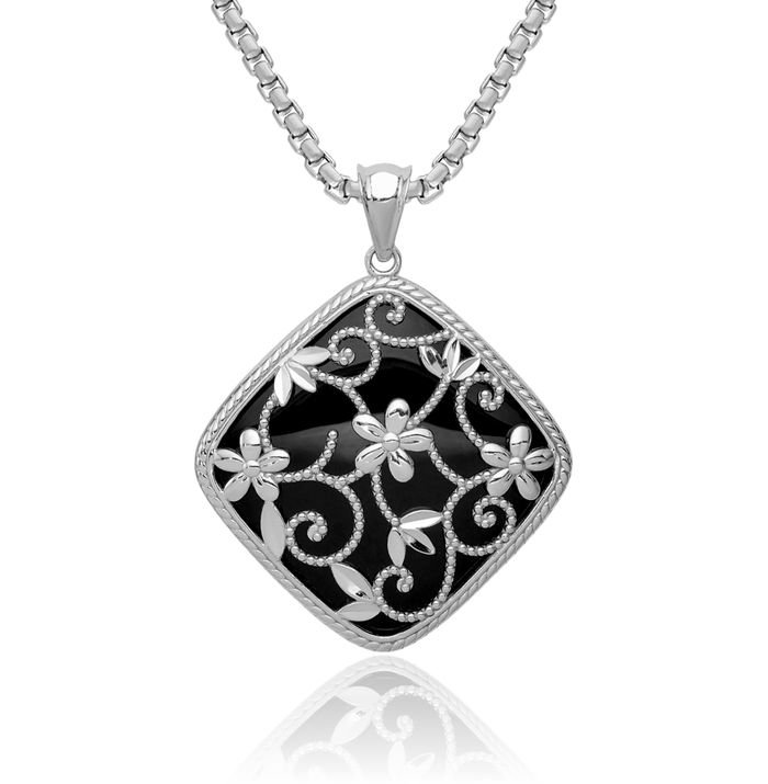 925 Sterling Silver Antique Filigree Flower Black Onyx Dangling Necklace Charm Gemstone Pendant