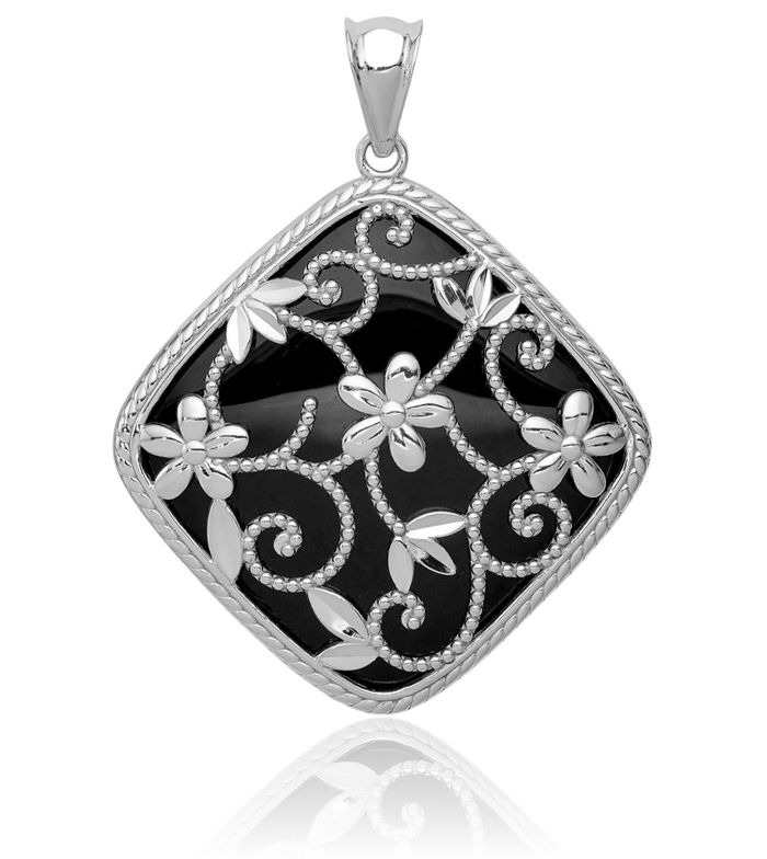 925 Sterling Silver Antique Filigree Flower Black Onyx Dangling Necklace Charm Gemstone Pendant