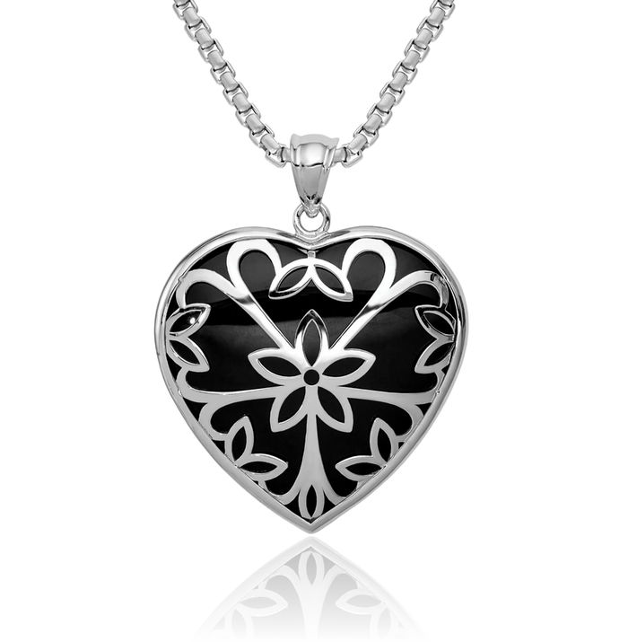 925 Sterling Silver Antique Filigree Flower Black Onyx Heart Dangling Necklace Charm Gemstone Pendant