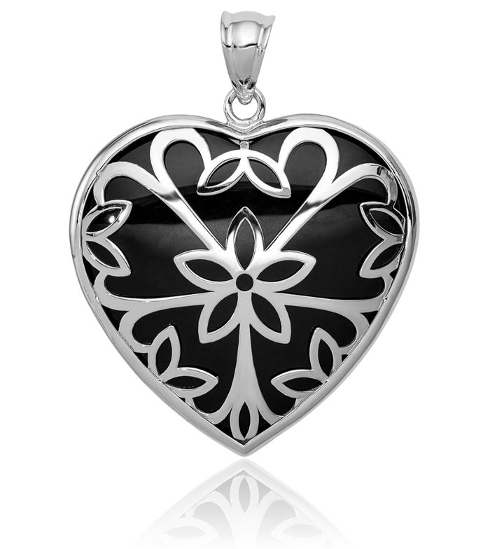 925 Sterling Silver Antique Filigree Flower Black Onyx Heart Dangling Necklace Charm Gemstone Pendant