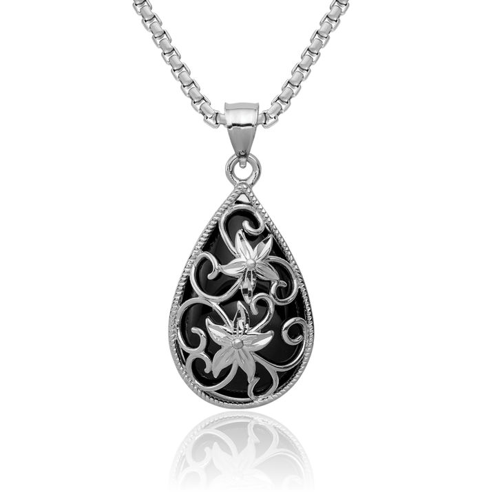 925 Sterling Silver Antique Filigree Flower Black Onyx Teardrop Dangling Necklace Charm Gemstone Pendant